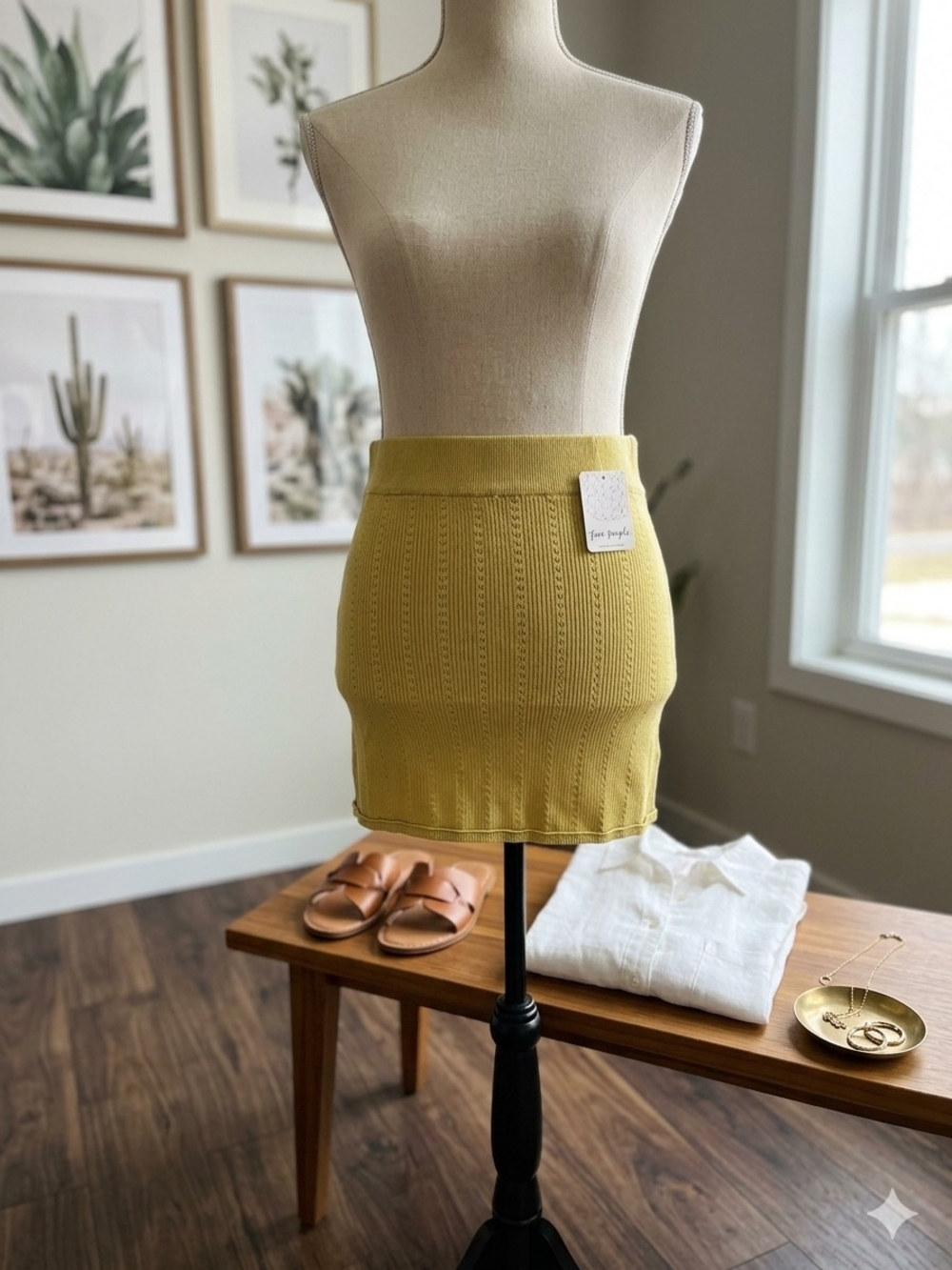 Free People Chartreuse Cable Knit Mini Skirt